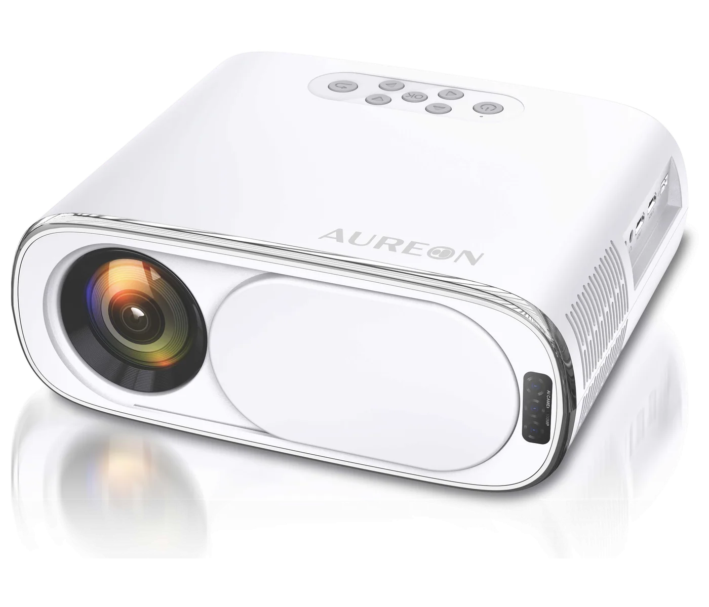 Aureon projector model AZ8600 — three-quarter view showing lens, top controls and side ports