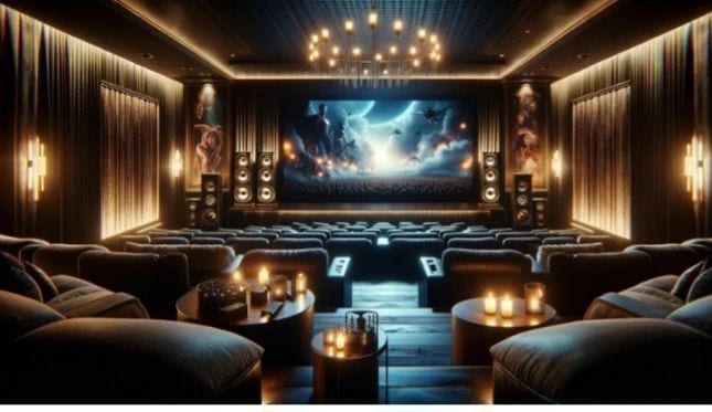 Premium home theater room with a large projection screen, tower speakers and lounge seating — Aureon reference home cinema projector installation