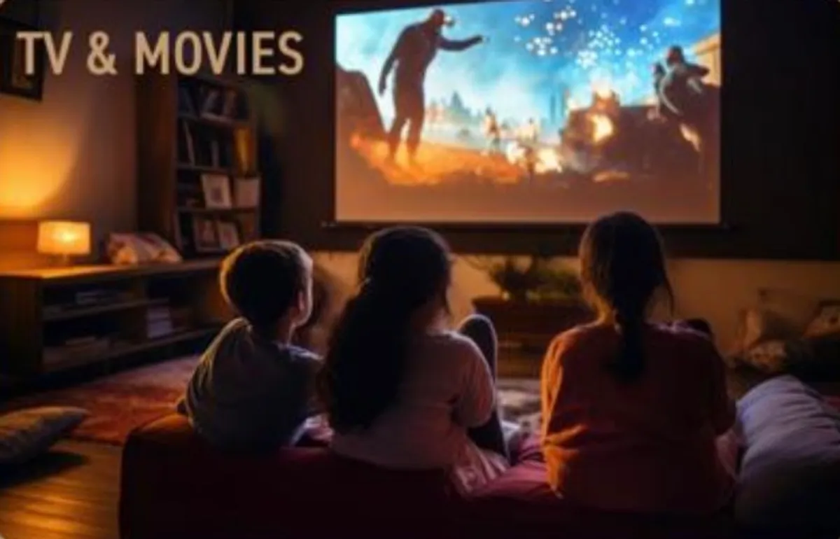 Children watching an animated movie on a large projection screen from the Aureon AZ8600 home cinema projector